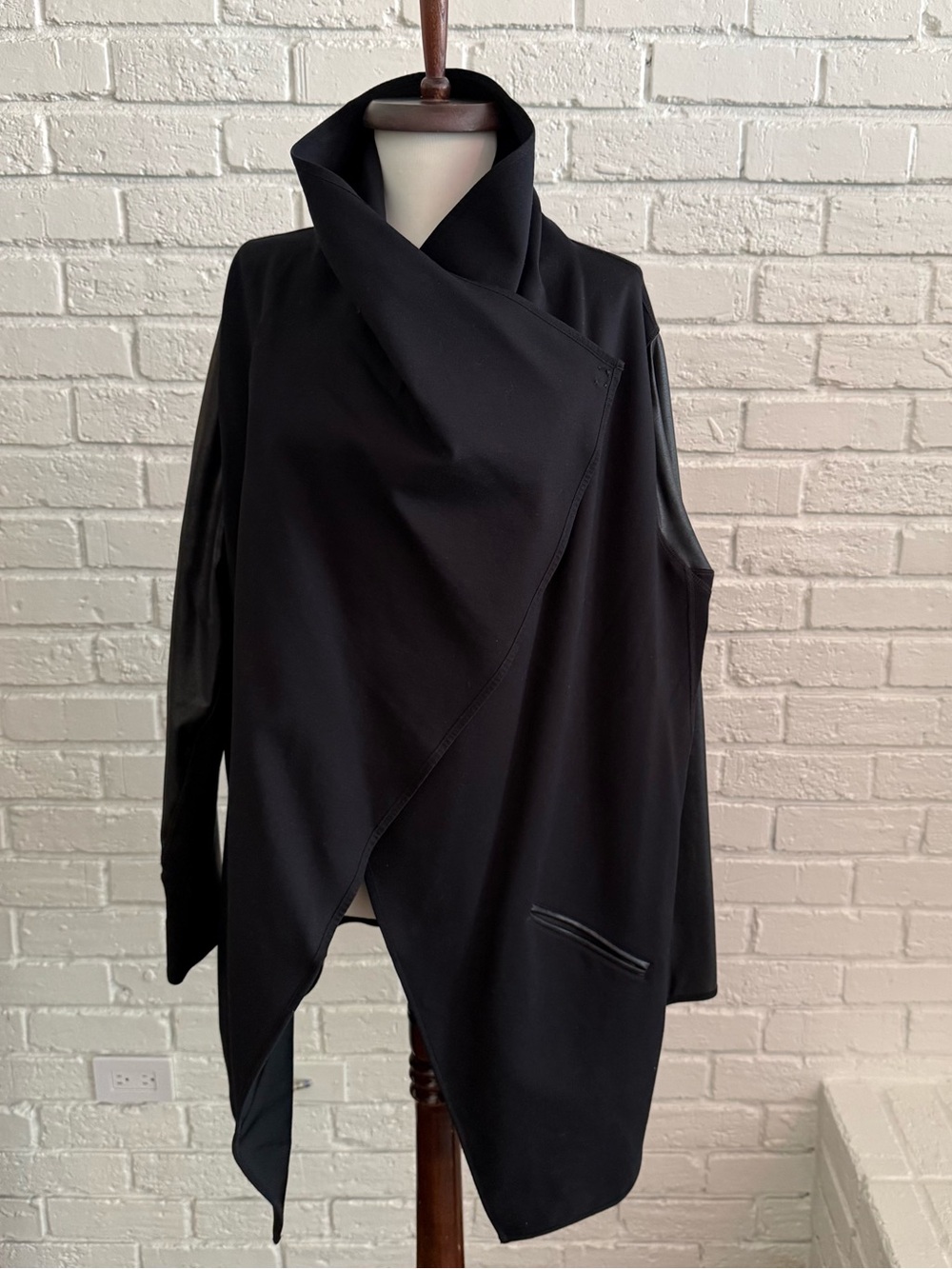 SPANX Black Asymmetrical Draped Women's Jacket with Faux Leather Accents